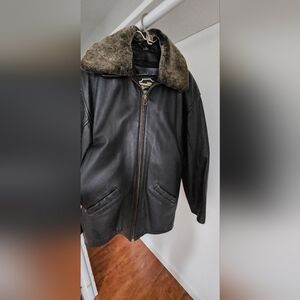 Men's Black Leather Jacket with Fur Collar